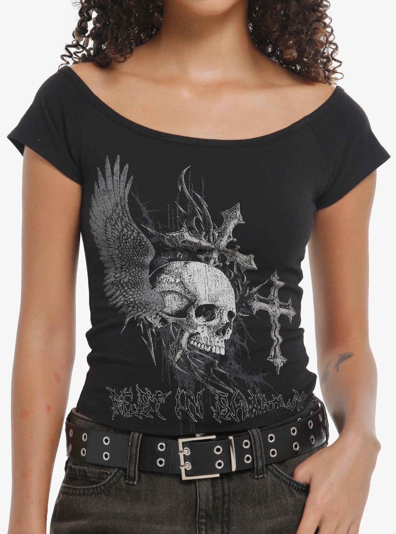 Winged Skull Cross Girls Crop Off-The-Shoulder Top, , hi-res