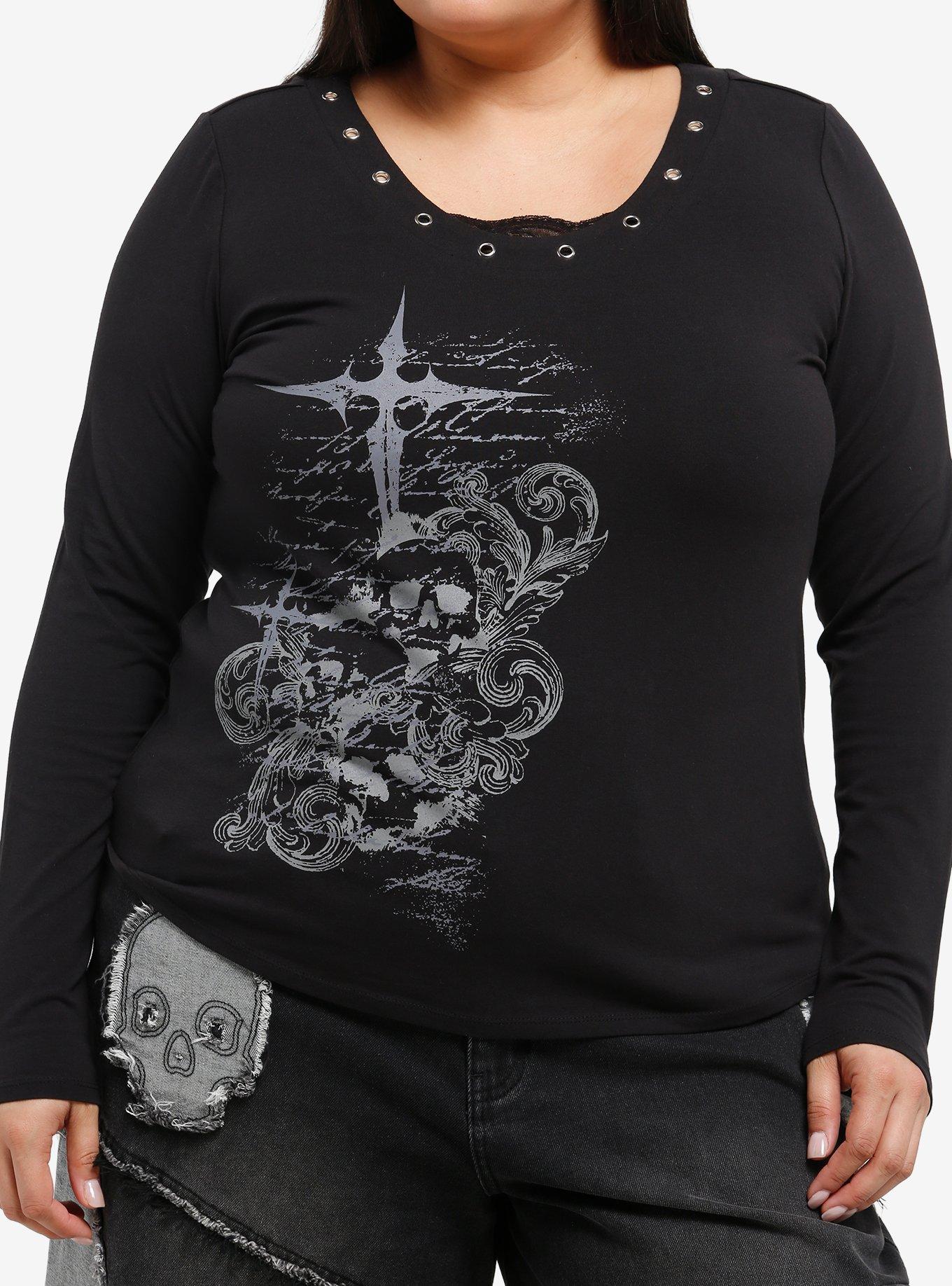 Black Skull Cross Grommet Long-Sleeve Top Plus Size, , hi-res