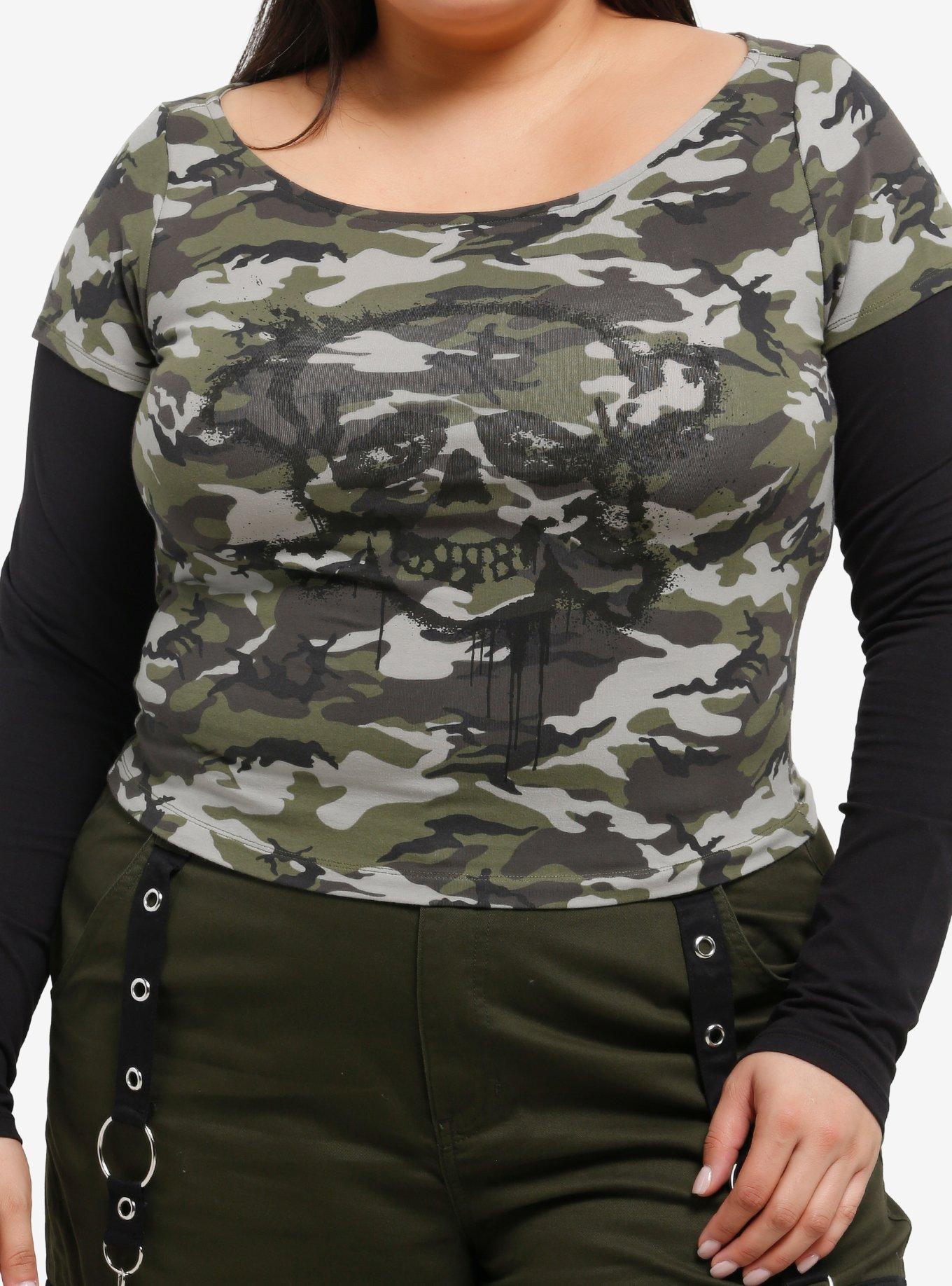 Social Collision Graffiti Skull Camo Girls Long-Sleeve Top Plus Size, , hi-res