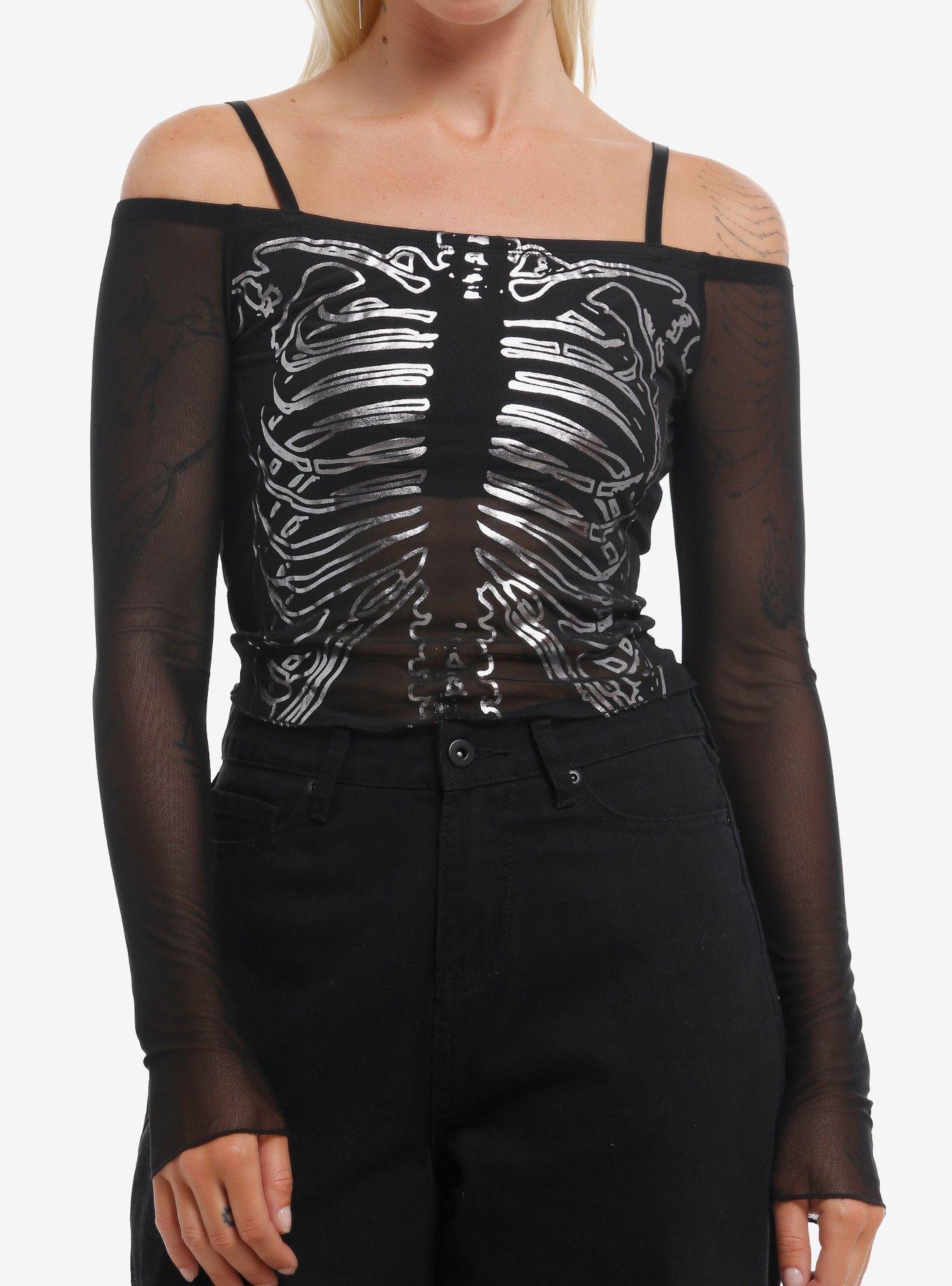 Social Collision Rib Cage Mesh Girls Cold Shoulder Long-Sleeve Top