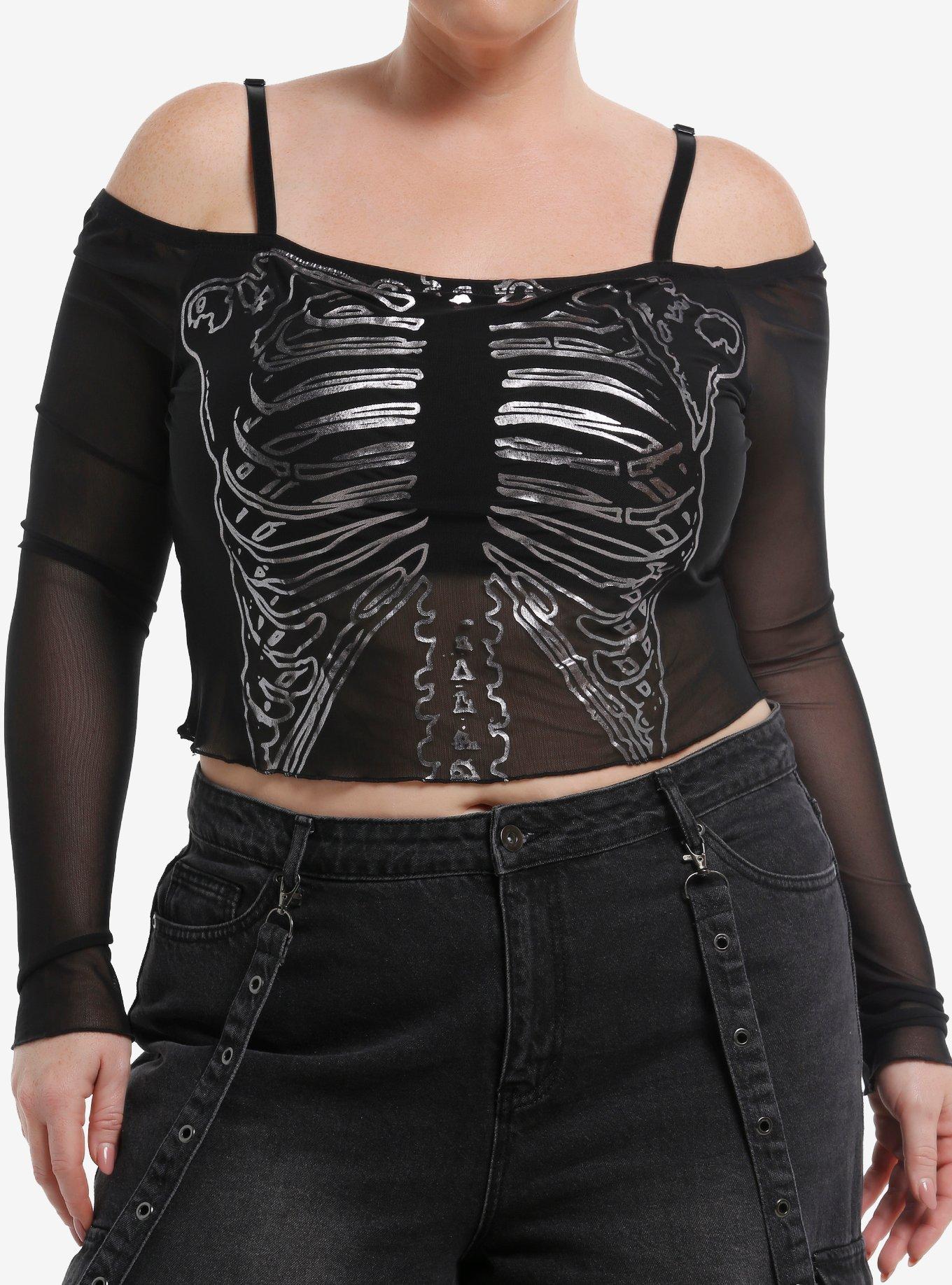 Social Collision Rib Cage Mesh Girls Cold Shoulder Long-Sleeve Top Plus Size, , hi-res