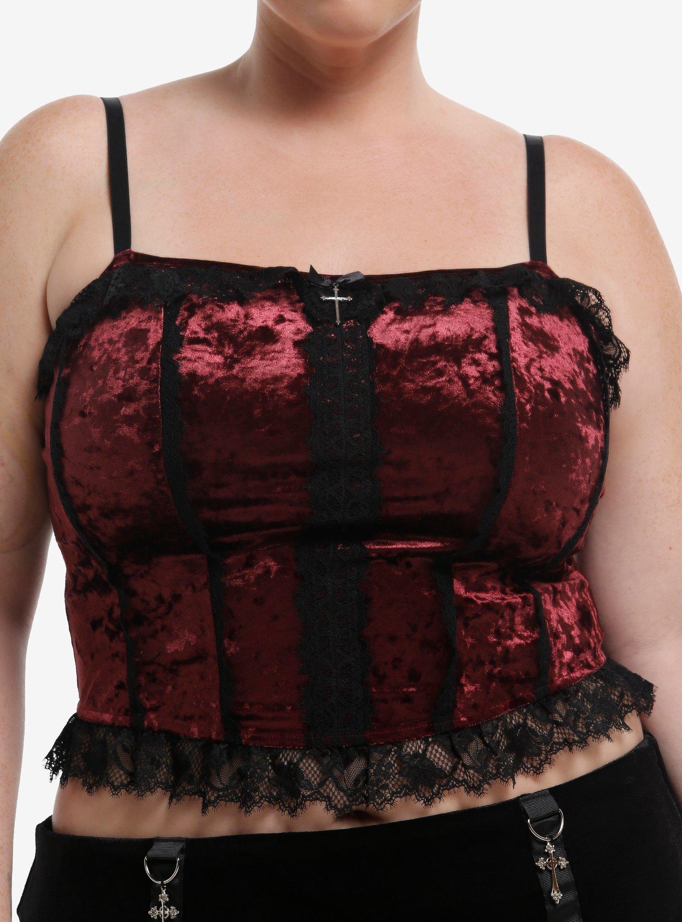 Cosmic Aura Black & Red Velvet Lace Girls Corset Cami Top Plus Size, , hi-res