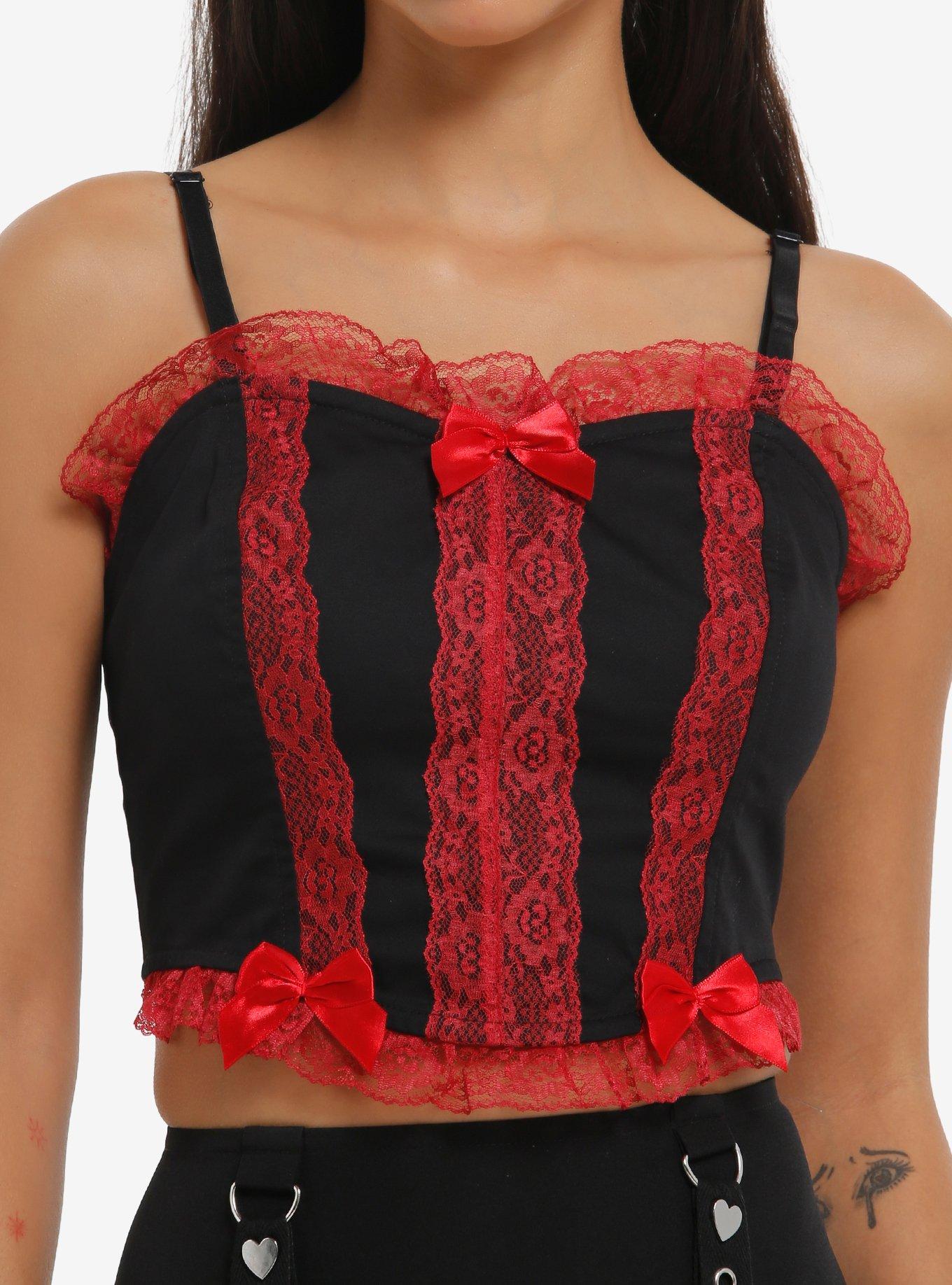 Social Collision Black & Red Lace Girls Crop Corset Top, , hi-res