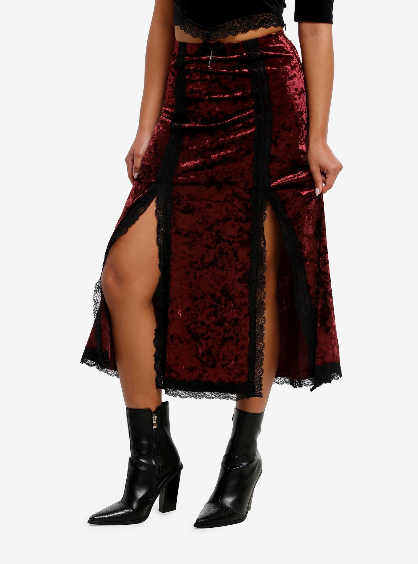 Cosmic Aura Burgundy Velvet Slit Midi Skirt, , hi-res