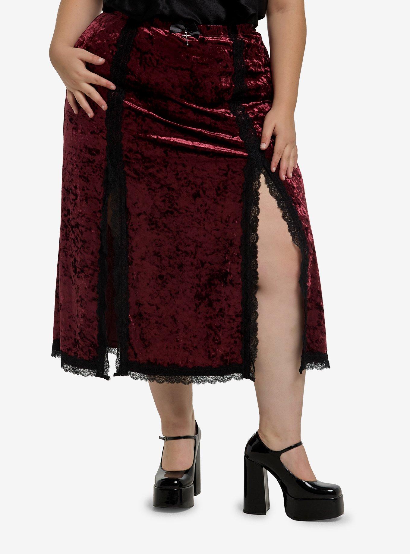 Cosmic Aura Burgundy Velvet Slit Midi Skirt Plus Size, , hi-res