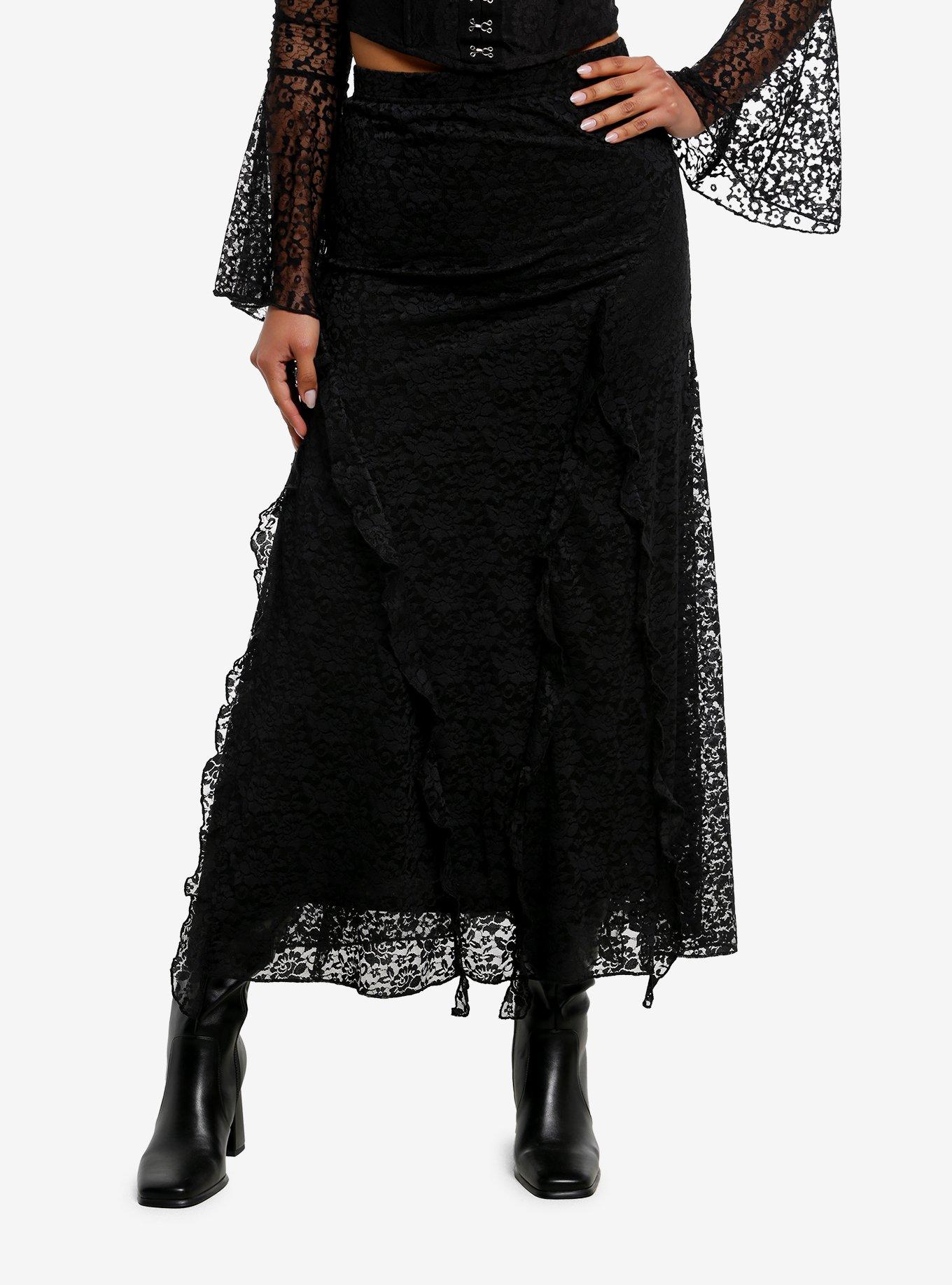Cosmic Aura Black Lace Ruffle Midaxi Skirt, , hi-res