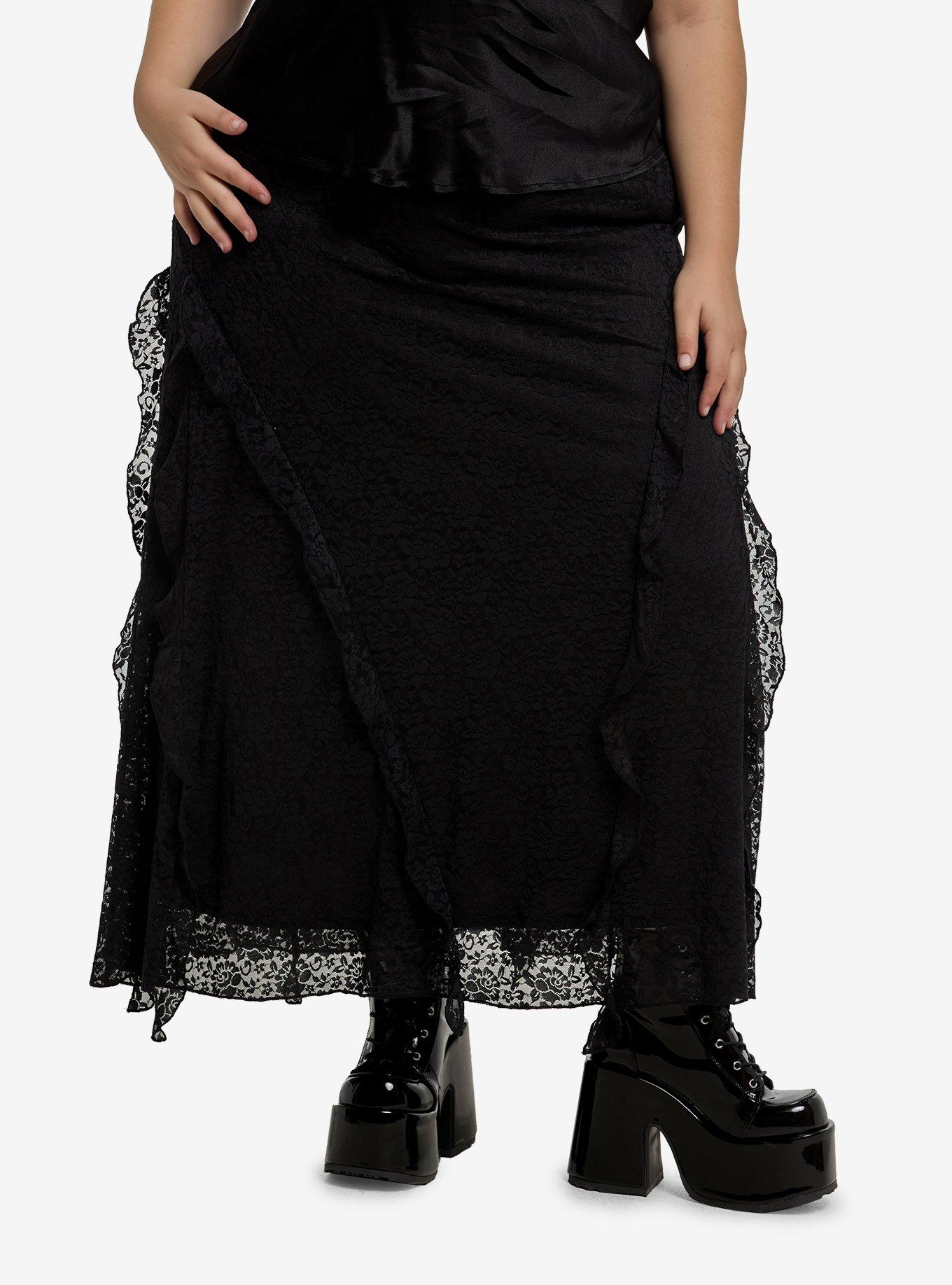 Cosmic Aura Black Lace Ruffle Midaxi Skirt Plus Size, , hi-res