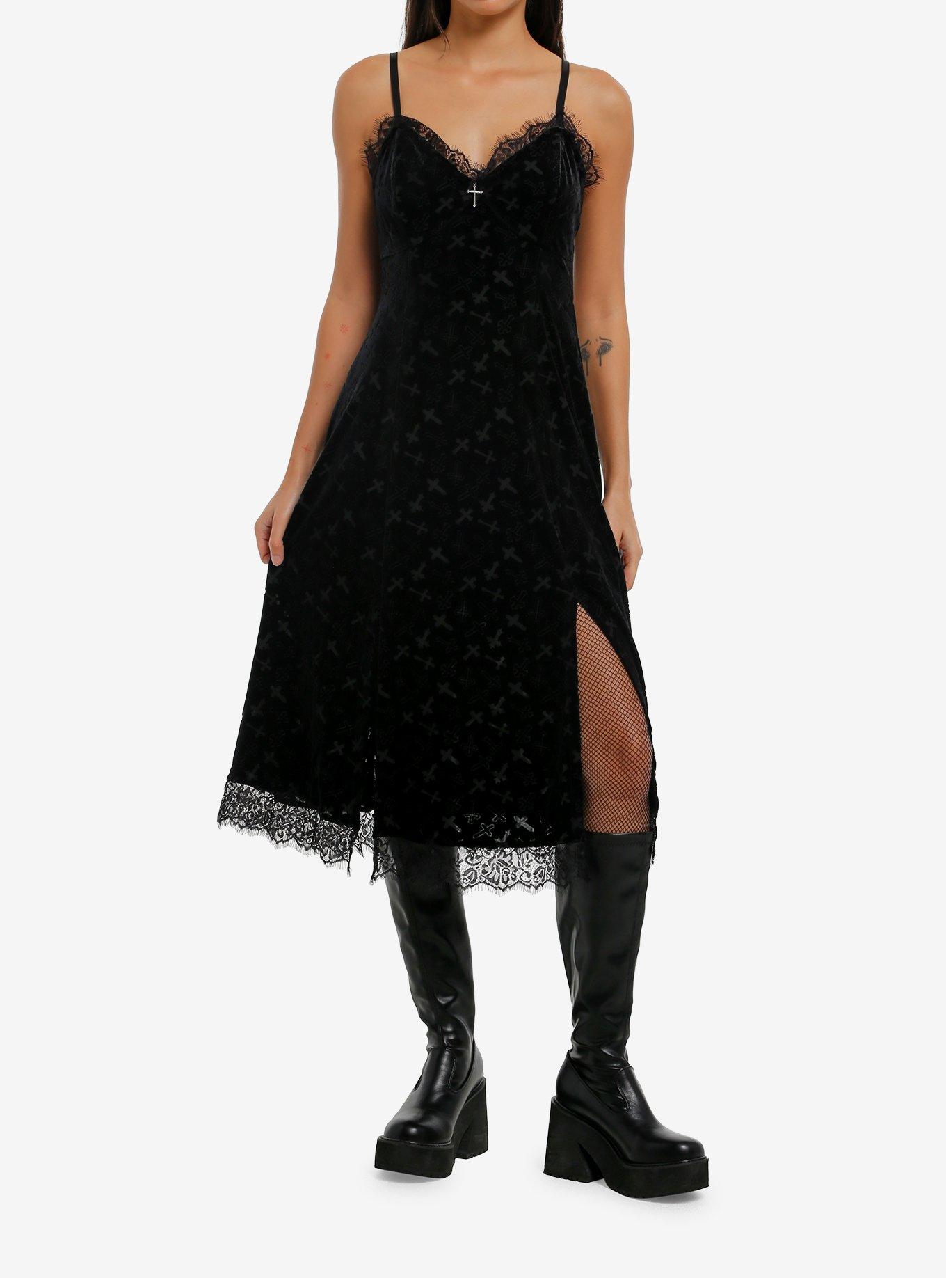 Cosmic Aura Black Velvet Cross Midi Slip Dress, , hi-res