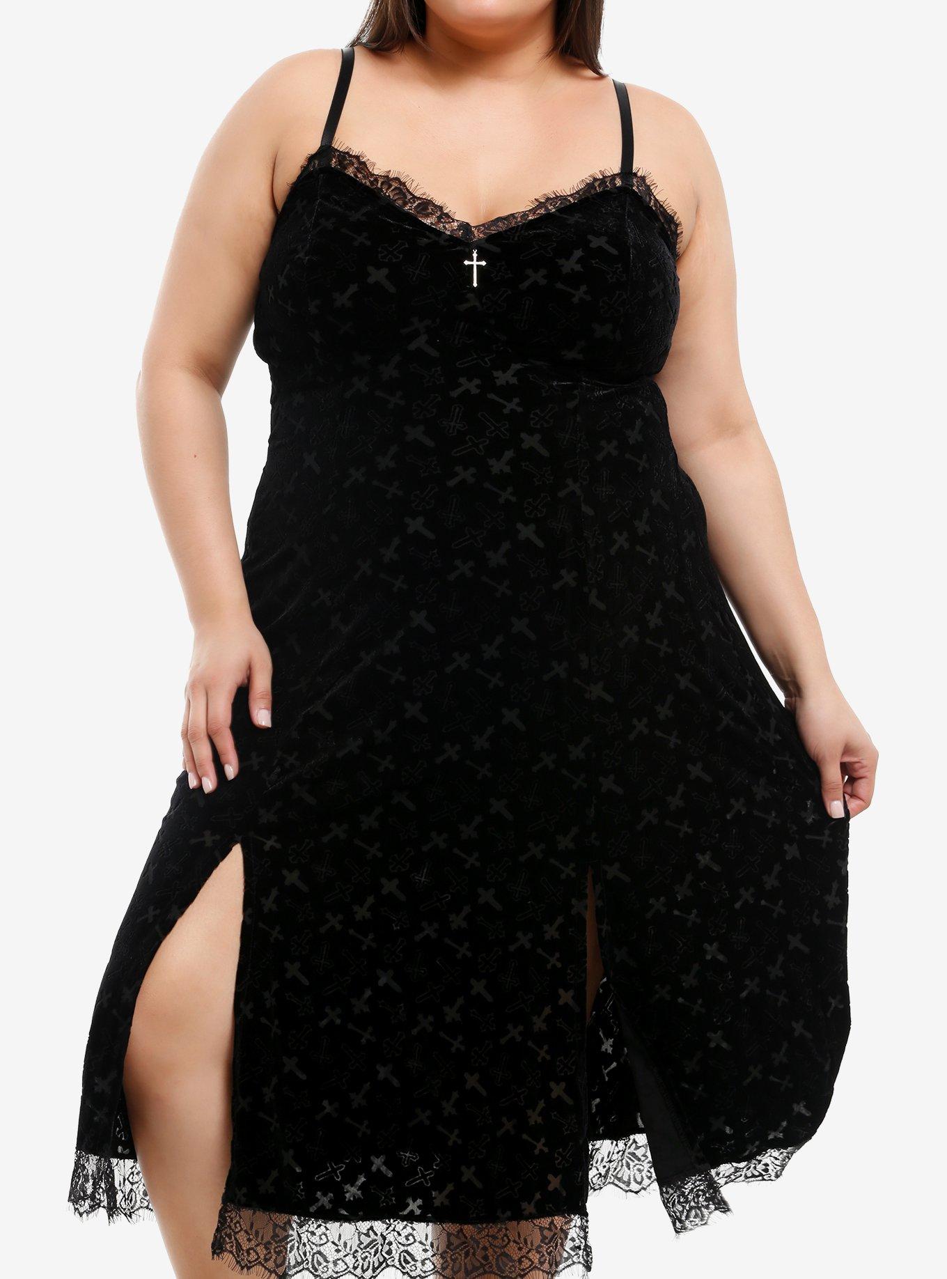 Cosmic Aura Black Velvet Cross Midi Slip Dress Plus Size, , hi-res
