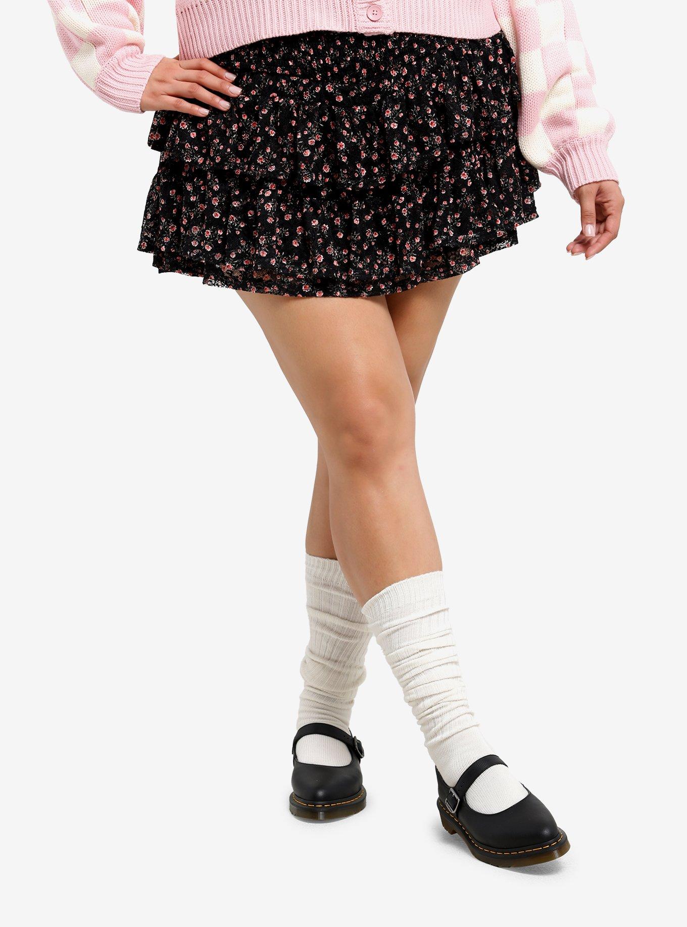 Sweet Society Black & Pink Rose Tiered Mini Skort Plus Size, , hi-res