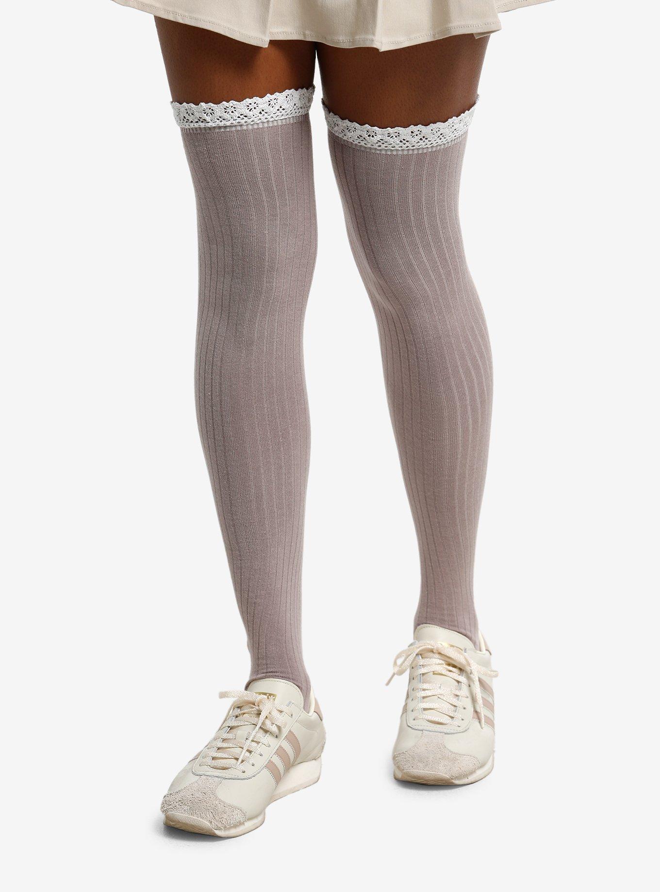 Mauve Ribbed Lace Over-The-Knee Socks, , hi-res