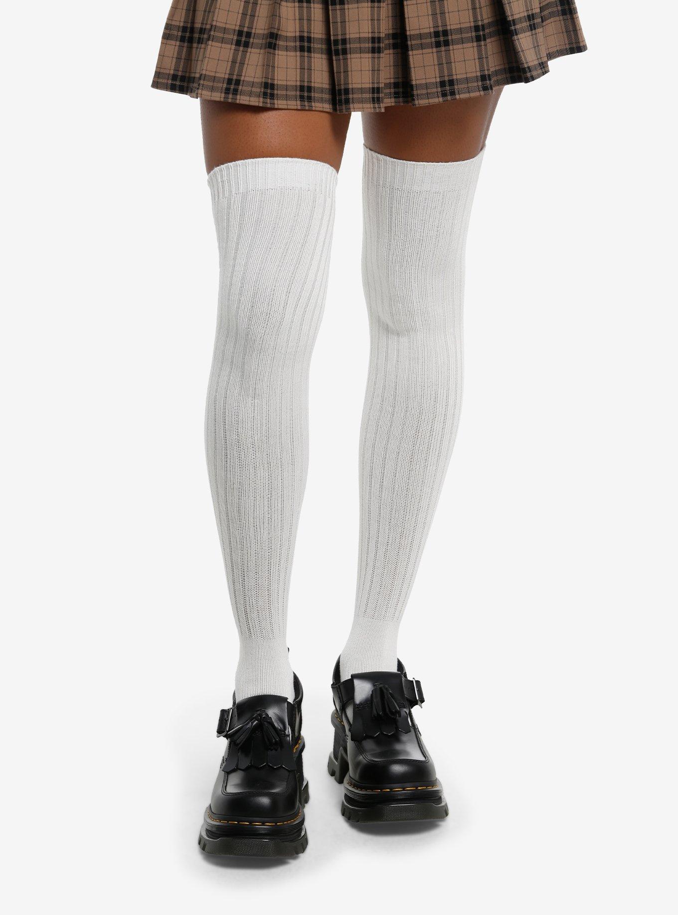 Ivory Ribbed Over-The-Knee Socks, , hi-res