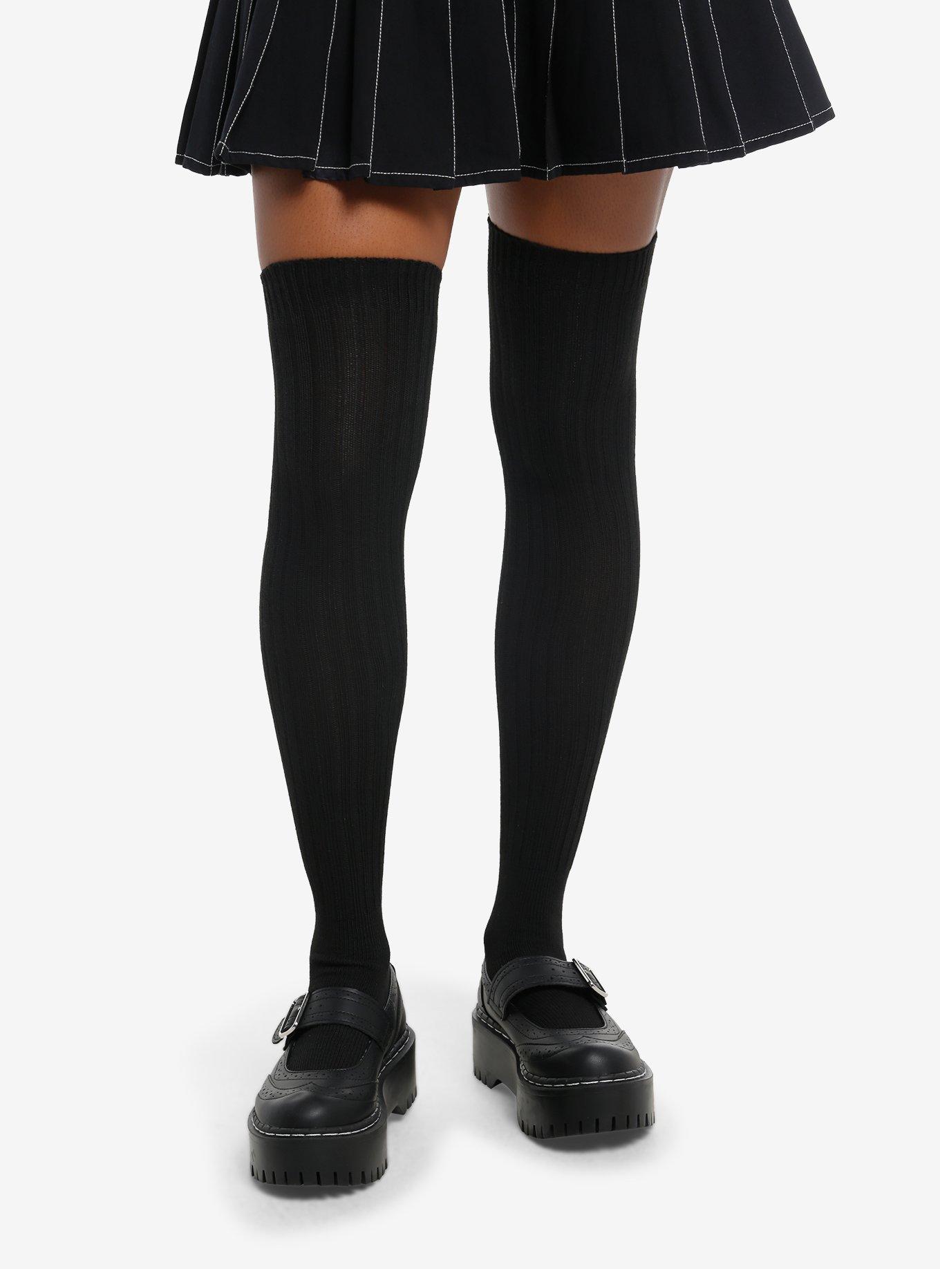 Black Ribbed Over-The-Knee Socks, , hi-res