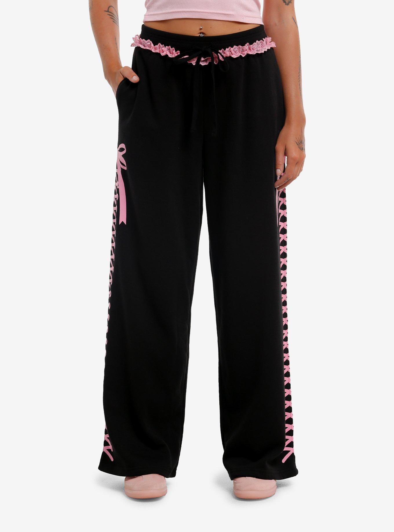 Sweet Society Black & pink Ruffle Girls Wide-Leg Lounge Pants