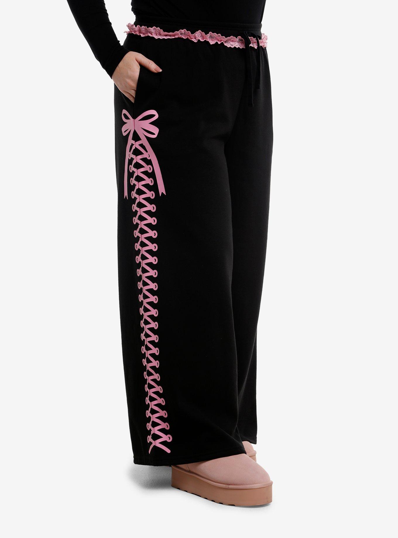 Sweet Society Black & Pink Ruffle Girls Wide-Leg Lounge Pants Plus Size, , hi-res