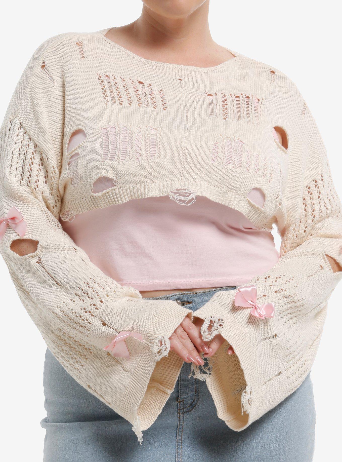 Sweet Society Distressed Cream Pink Ribbon Girls Knit Shrug Plus Size, , hi-res