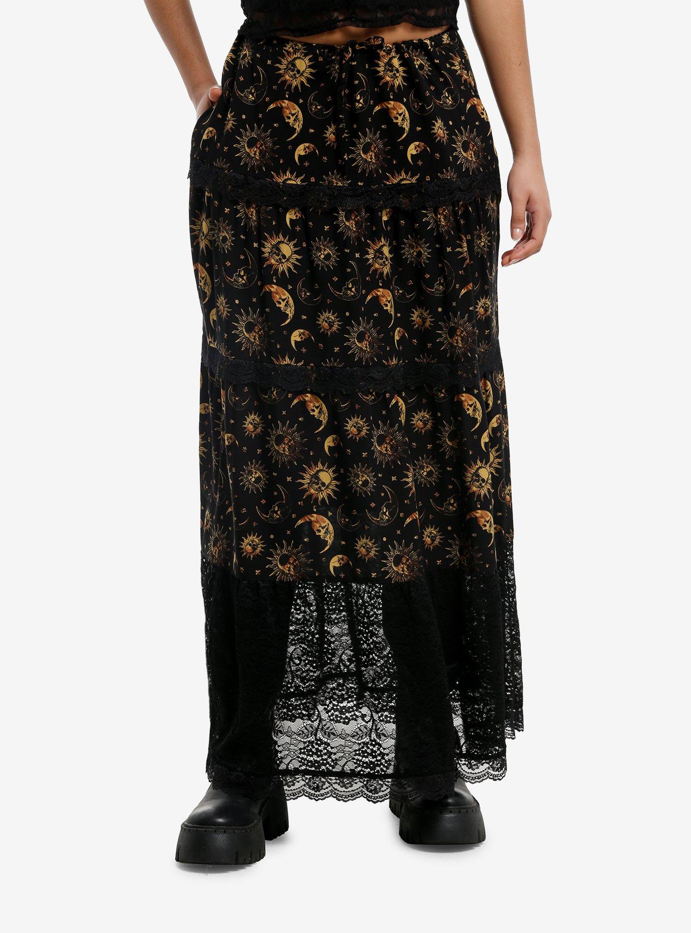 Cosmic Aura Black & Gold Celestial Lace Maxi Skirt, , hi-res