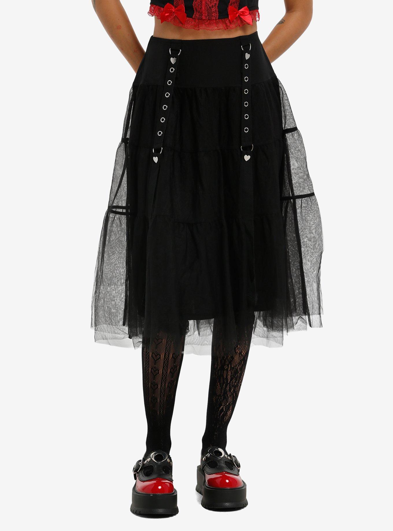 Black Grommet Strap Tiered Midi Skirt, , hi-res