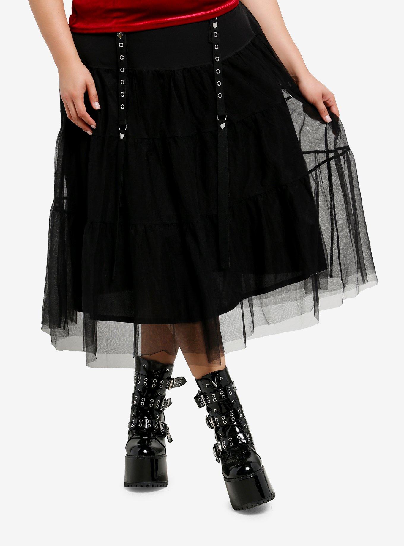 Black Grommet Strap Tiered Midi Skirt Plus Size, , hi-res
