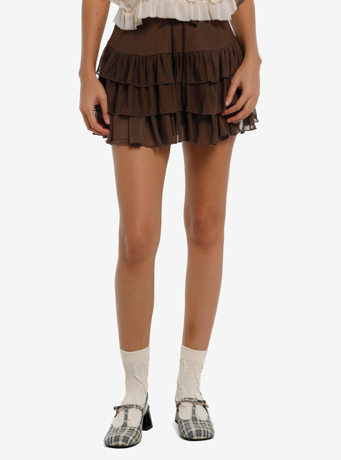 Thorn & Fable Brown Drawstring Tiered Mini Skort, , hi-res