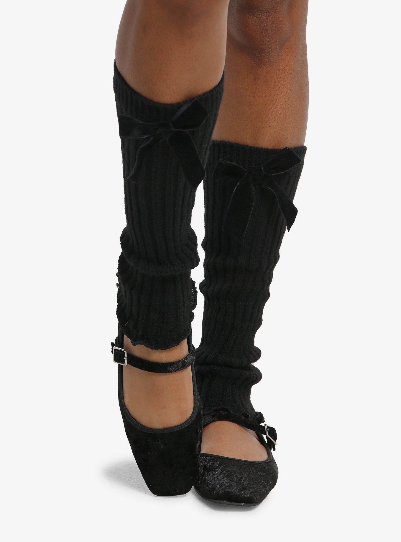 Black Bow Ribbed Leg Warmers, , hi-res