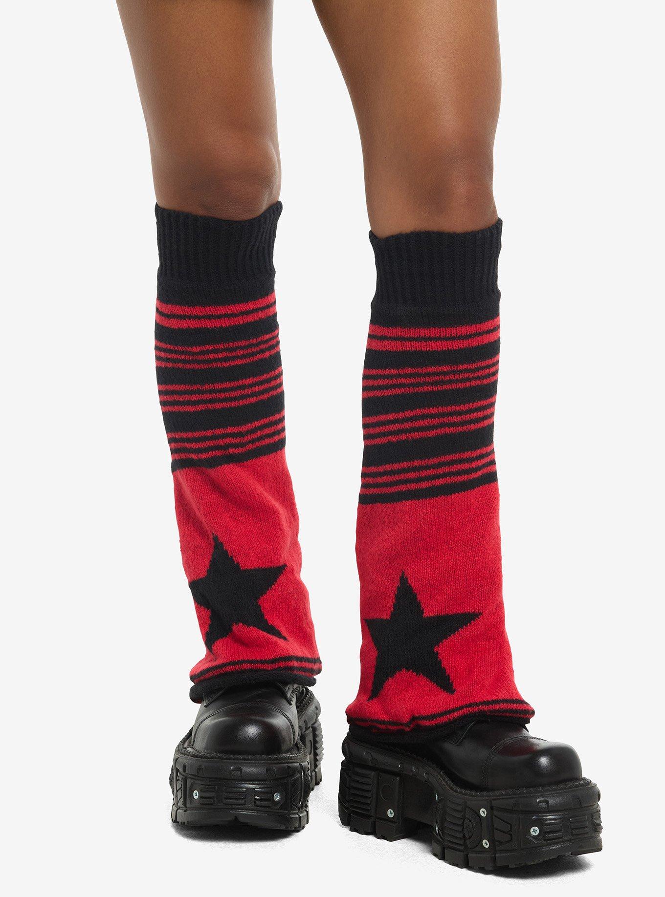 Red & Black Star Stripe Flared Leg Warmers, , hi-res