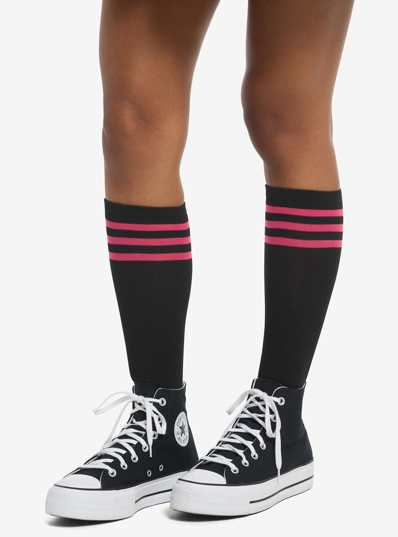 Black & Hot Pink Varsity Stripe Knee-High Socks, , hi-res