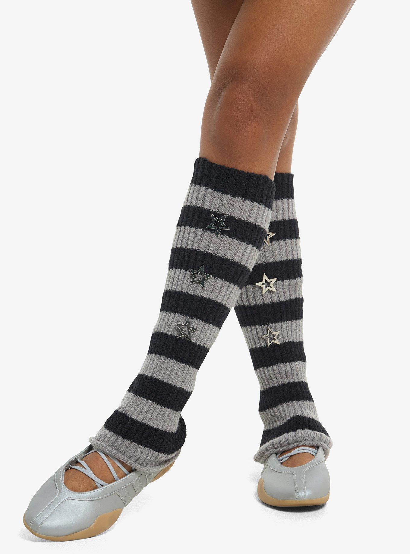 Black & Grey Stripe Star Charm Leg Warmers, , hi-res