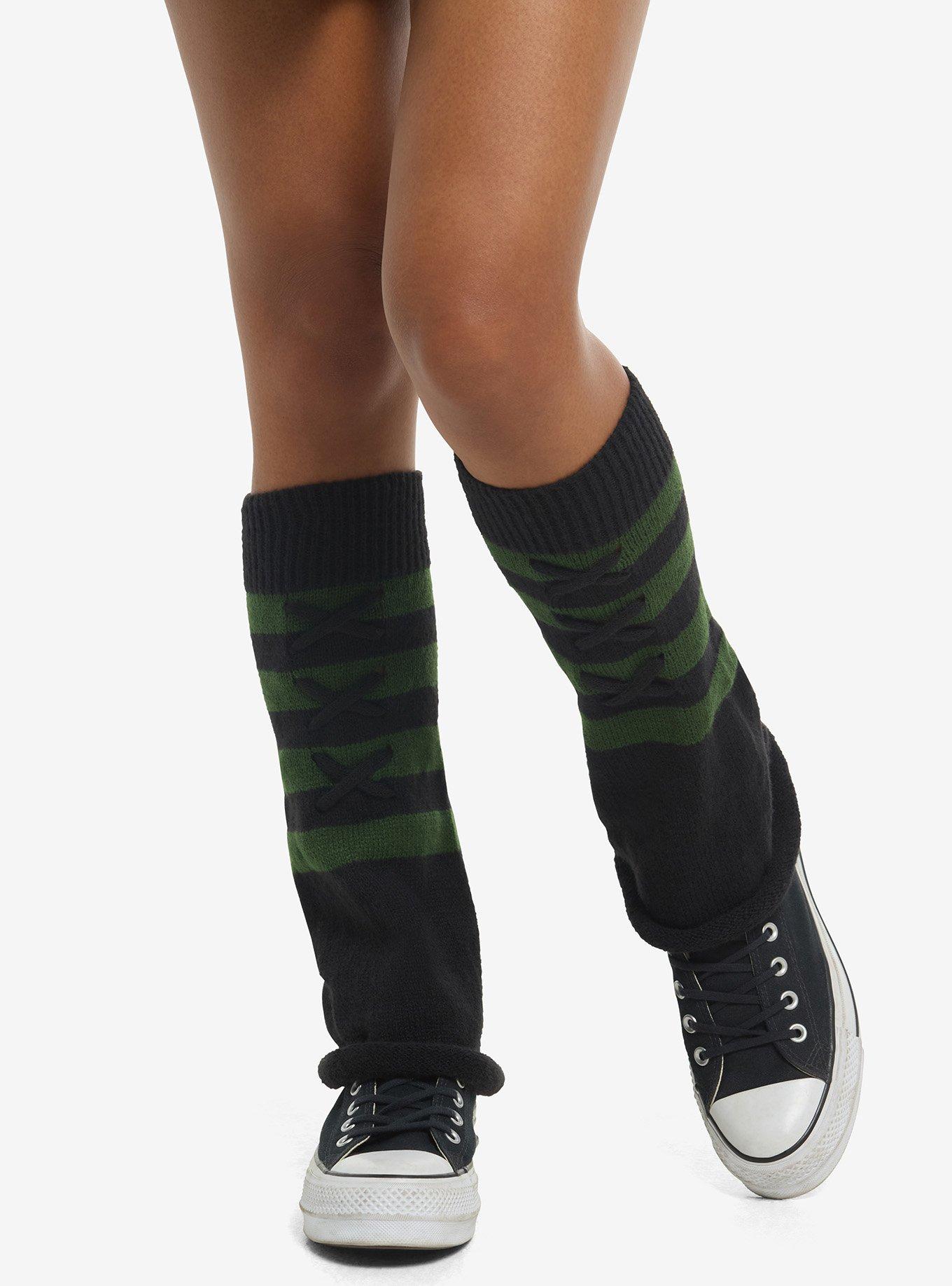 Dark Green & Black Stripe Laced Leg Warmers, , hi-res