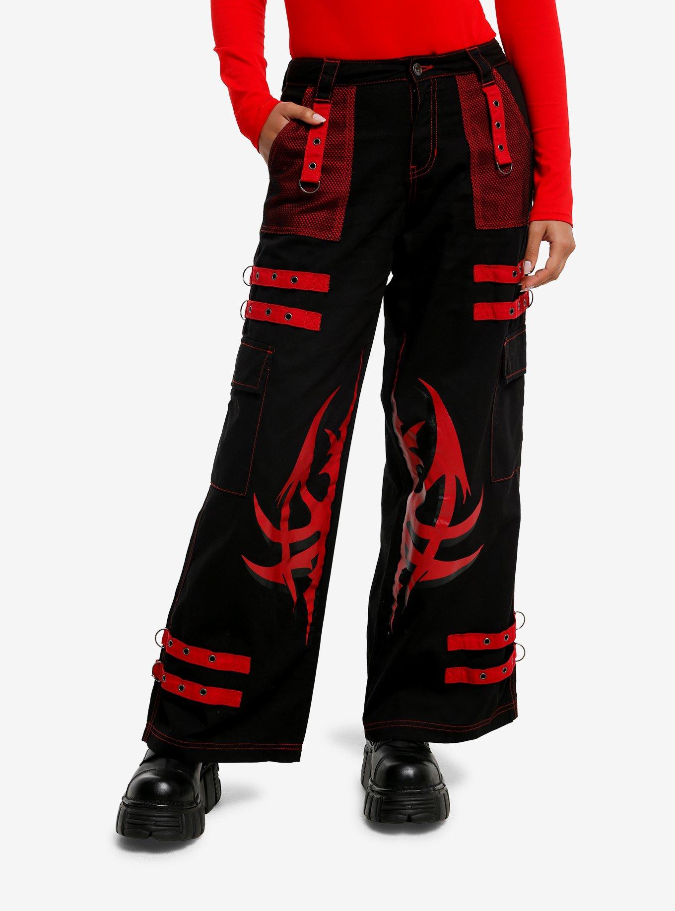 Black & Red Mesh Grommet Strap Wide Leg Carpenter Pants | Hot Topic