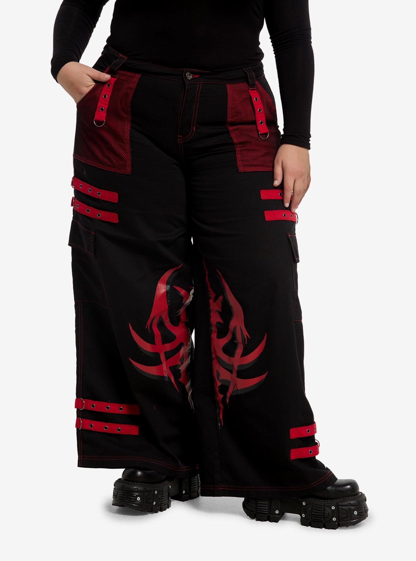 Black & Red Mesh Grommet Strap Wide Leg Carpenter Pants Plus Size, , hi-res