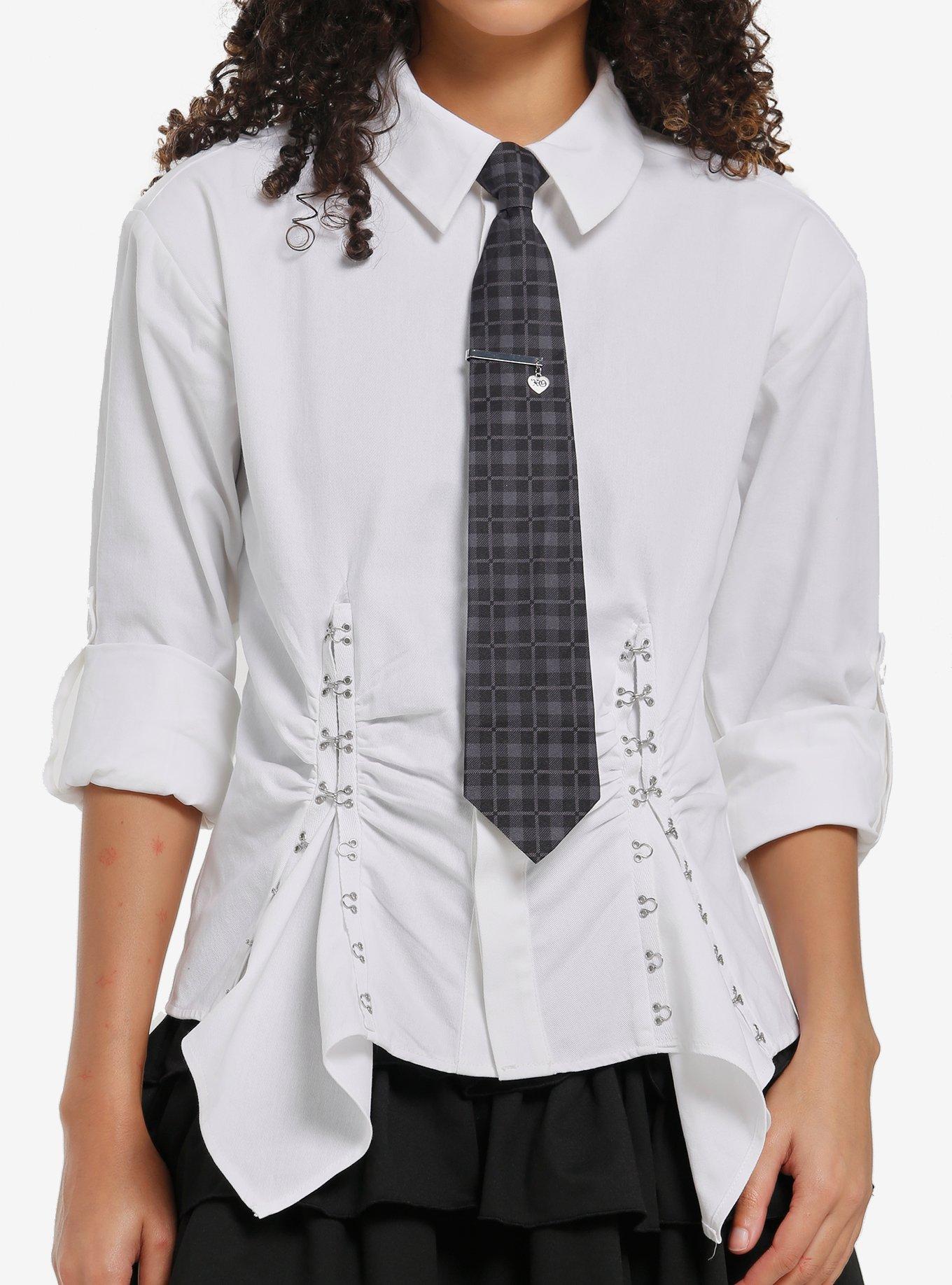 Social Collision Hook & Eye Girls Woven Button-Up With Plaid Tie, , hi-res