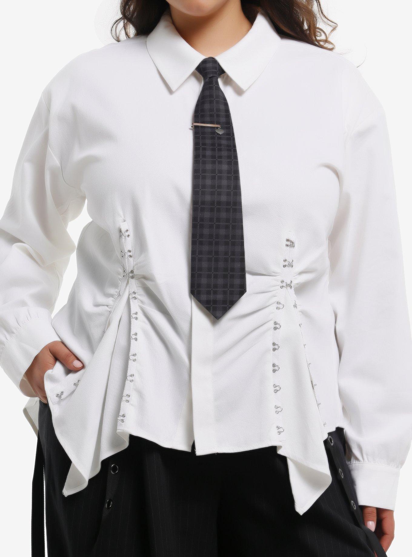 Social Collision Hook & Eye Girls Woven Button-Up With Plaid Tie Plus Size, , hi-res