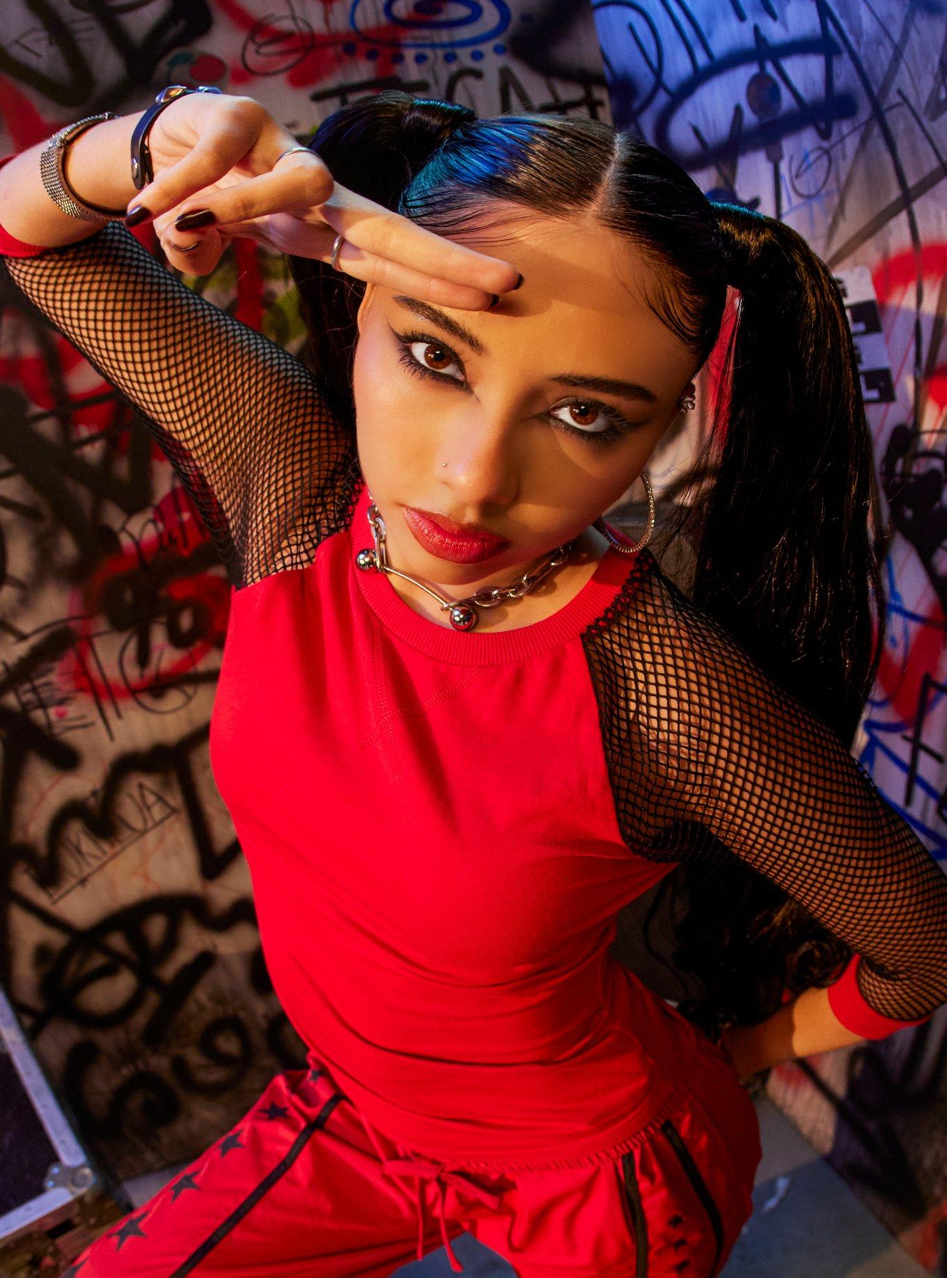 Social Collision Red & Black Fishnet Sleeve Girls Raglan T-Shirt, , hi-res