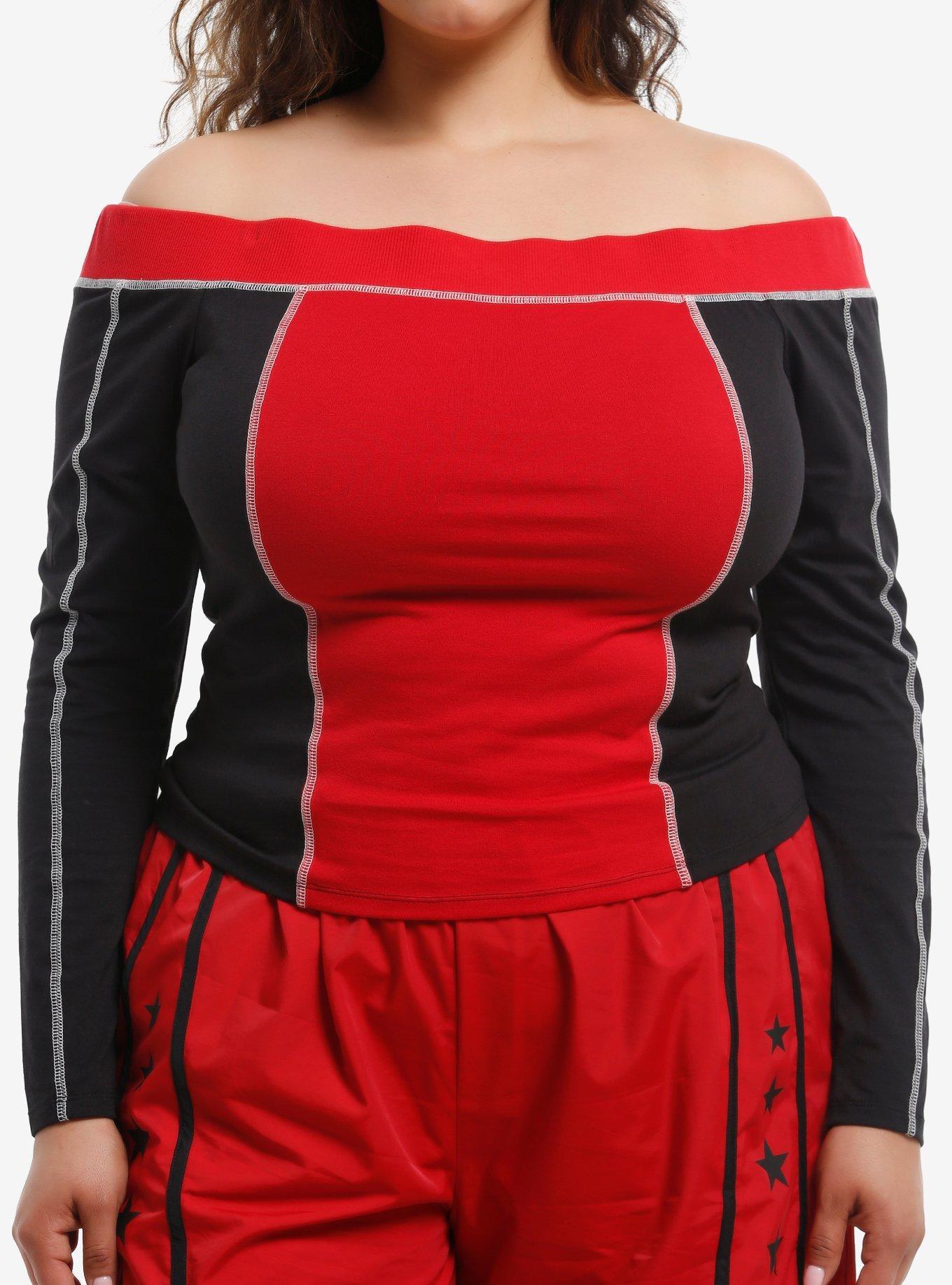 Social Collision Red & Black Off-Shoulder Girls Long-Sleeve Top Plus Size, , hi-res