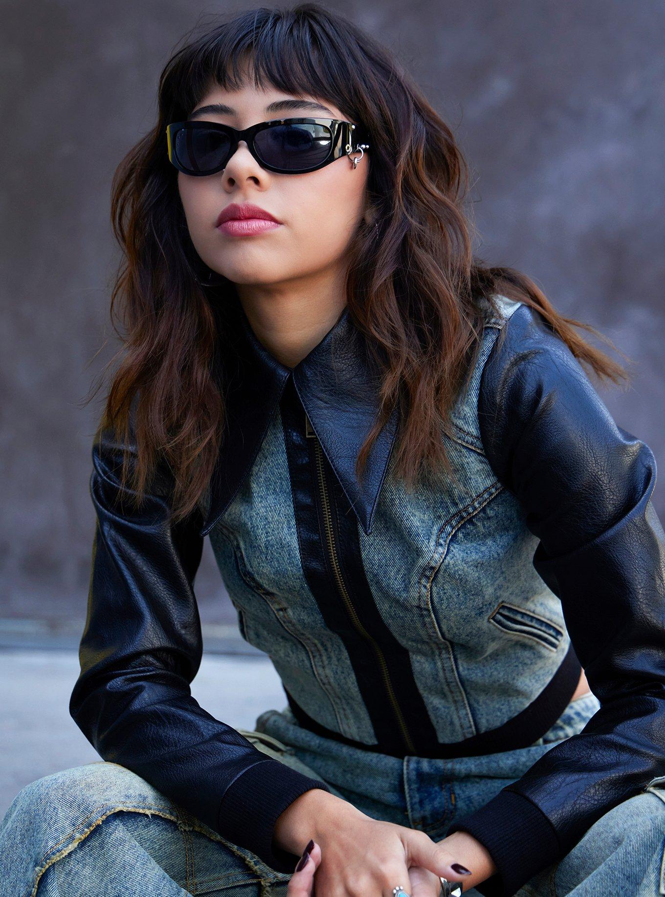 Social Collision Vintage Wash Denim & Black Faux Leather Girls Crop Jacket, , hi-res