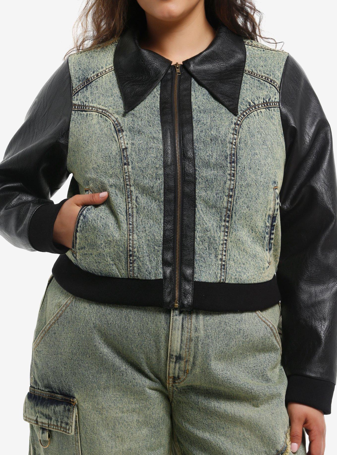 Social Collision Vintage Wash Denim & Black Faux Leather Girls Crop Jacket Plus Size, , hi-res