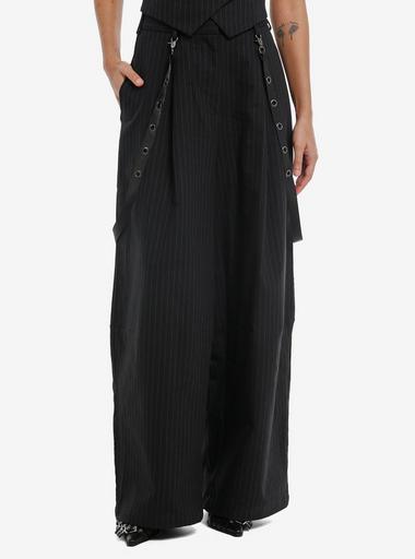 Social Collision Pinstripe Grommet Suspenders Wide Leg Pants | Hot