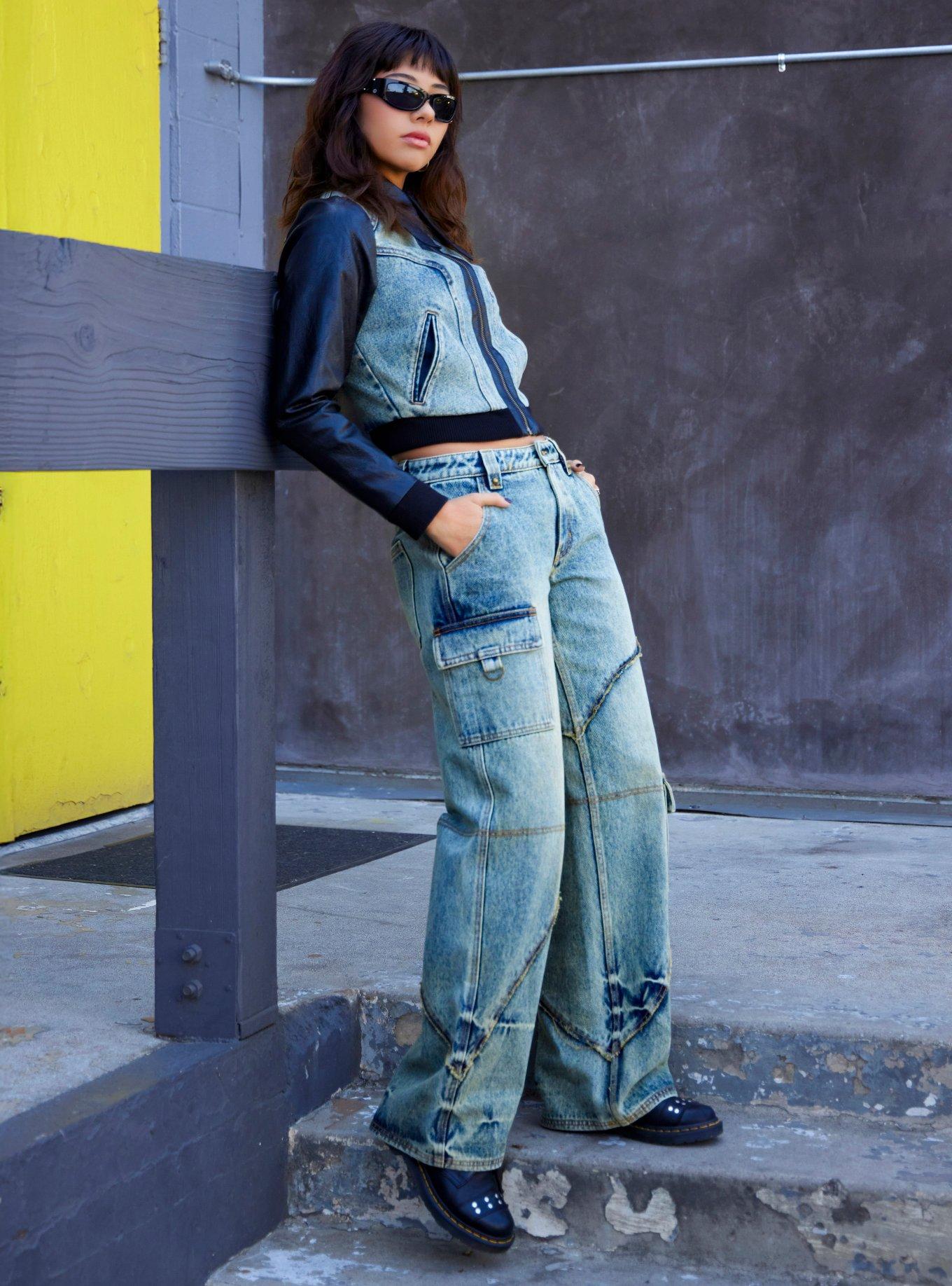 Social Collision Vintage Wash Frayed Seam Girls Wide Leg Jeans, , hi-res