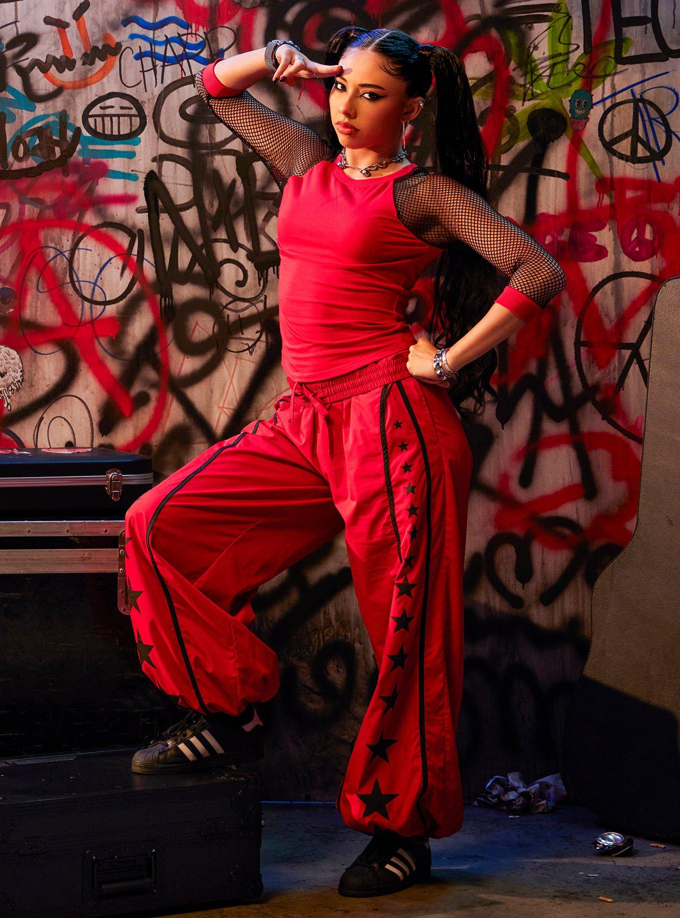 Social Collision Red & Black Star Girls Track Pants, , hi-res