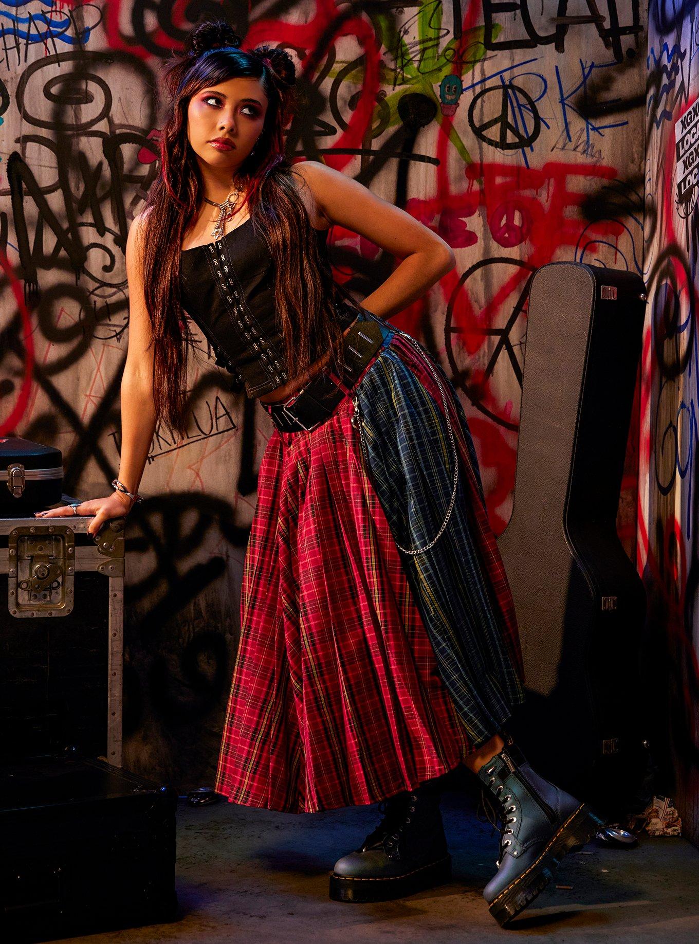 Social Collision Double Plaid Side Chain Midi Skirt With Belt, , hi-res