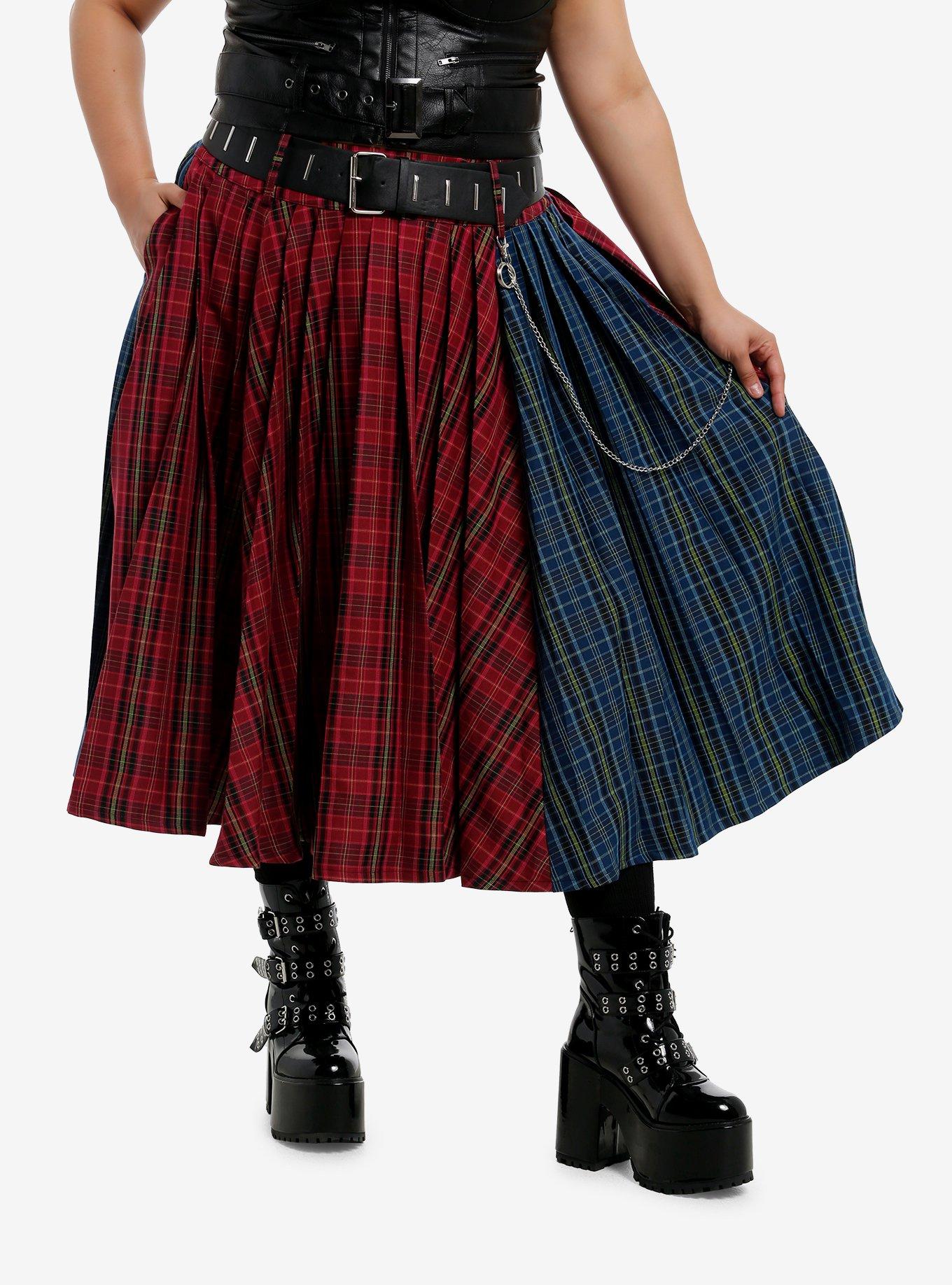 Social Collision Double Plaid Side Chain Midi Skirt Plus Size