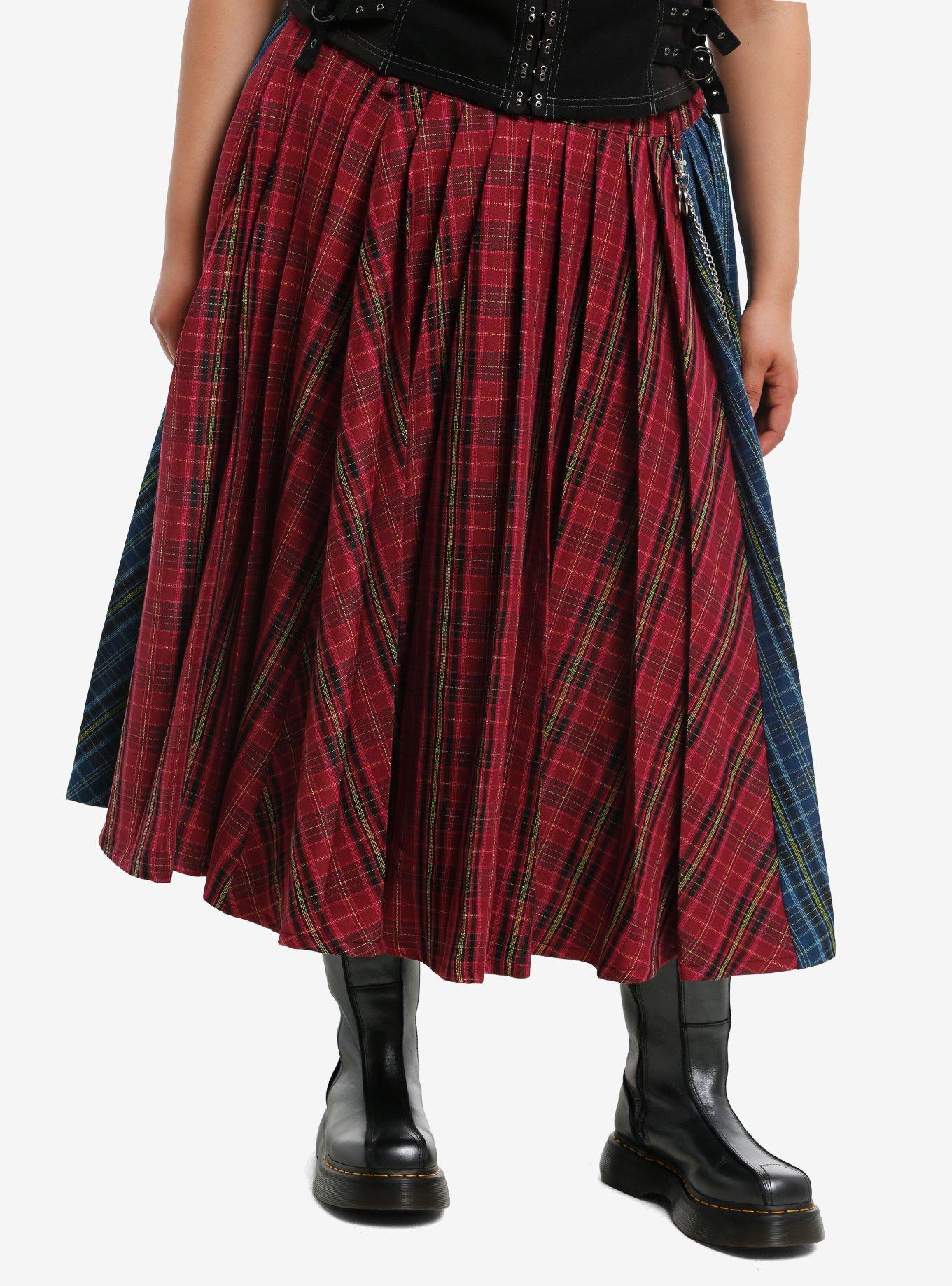 Social Collision Double Plaid Side Chain Midi Skirt Plus Size, , hi-res
