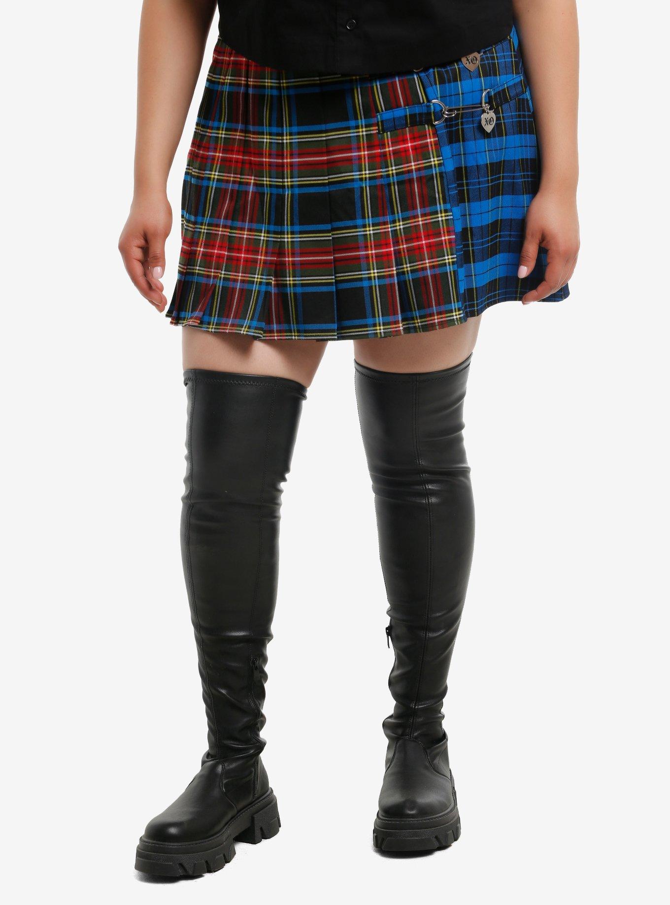 Social Collision Double Plaid Safety Pin Charm Pleated Skirt Plus Size, , hi-res