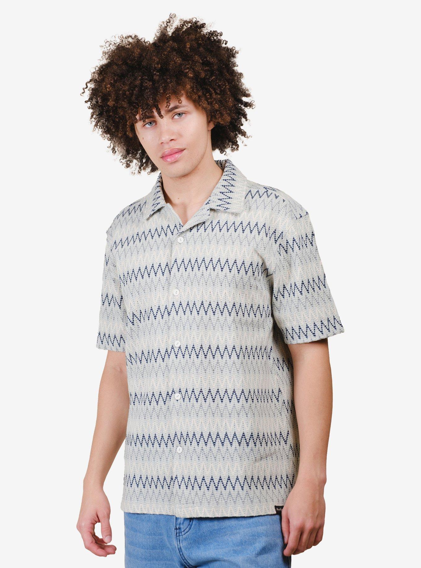 Zig Zag Knit Camp Collar Shirt Gray, GREY, hi-res