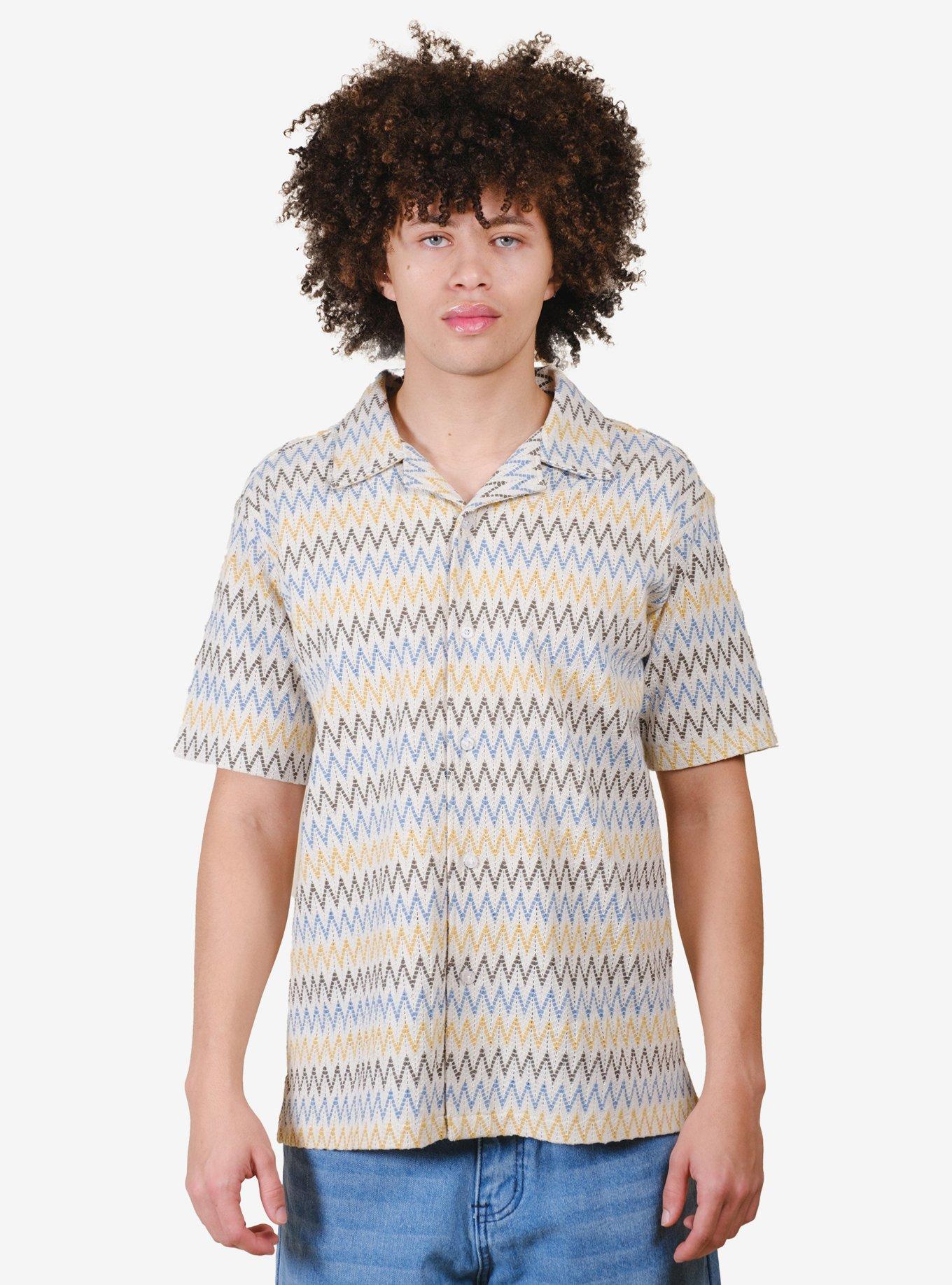 Zig Zag Knit Camp Collar Shirt White, BRIGHT WHITE, hi-res