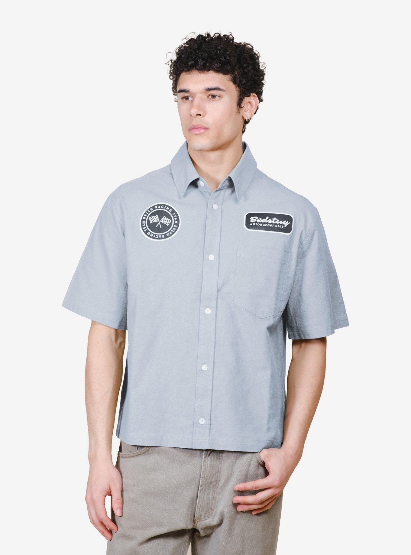 Cropped Bedstuy Motor Club Button-Up Shirt Blue, , hi-res