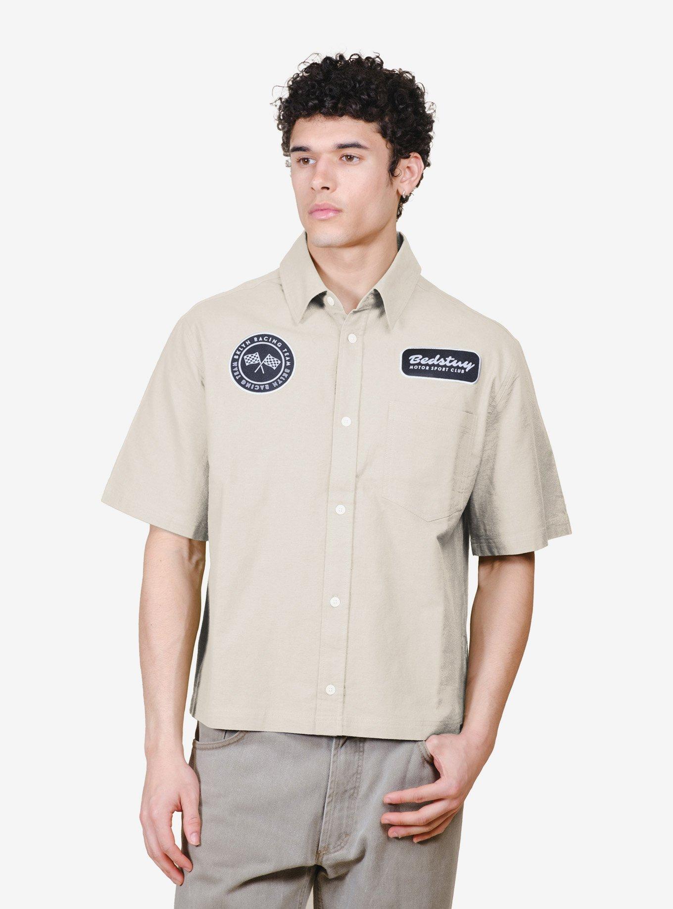 Cropped Bedstuy Motor Club Button-Up Shirt White, , hi-res