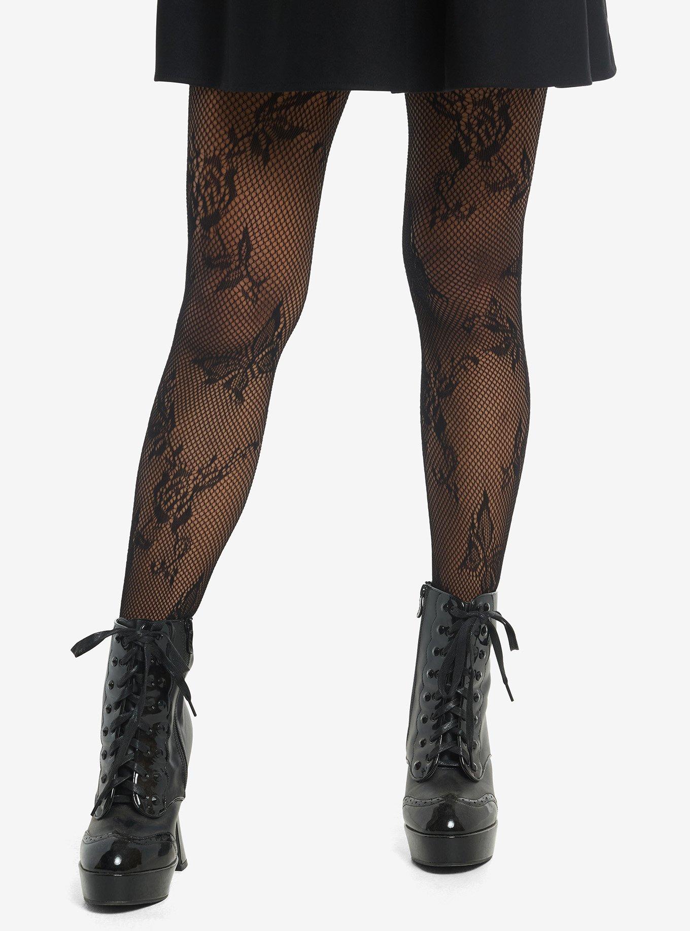 Black Floral Butterfly Fishnet Tights, , hi-res