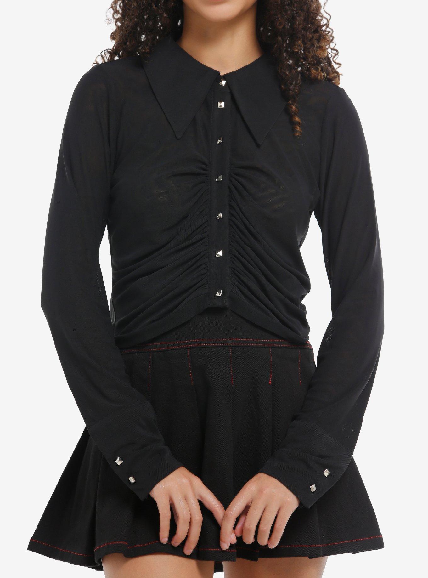 Social Collision Black Pyramid Stud Mesh Girls Crop Long-Sleeve Top, , hi-res